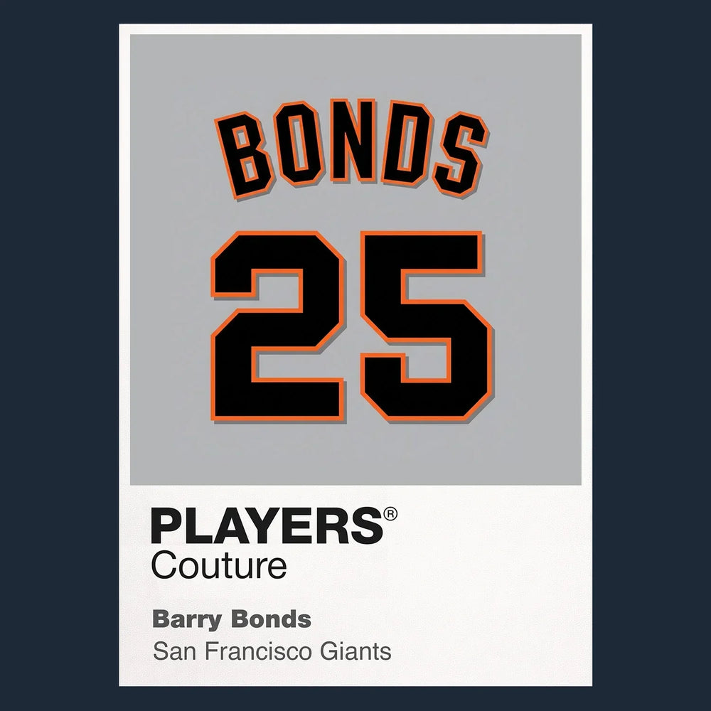 Barry Bonds 25 Jersey Frame Men's T-Shirt – navy close-up detail shot of the Barry Bonds 25 Players Couture logo design
