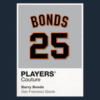 Barry Bonds 25 Jersey Frame Men's T-Shirt – navy close-up detail shot of the Barry Bonds 25 Players Couture logo design