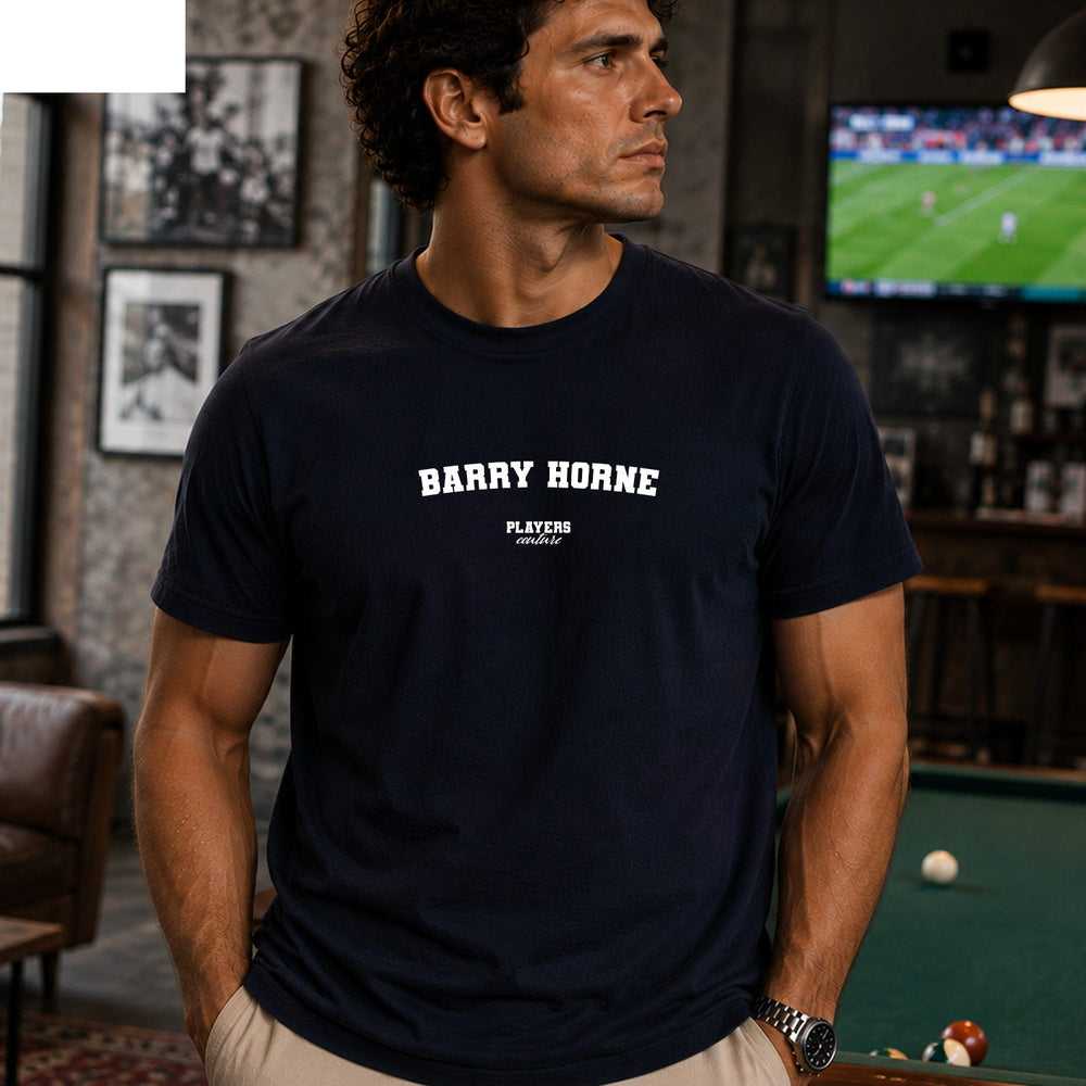 Barry Horne navy T-shirt lifestyle photograph
