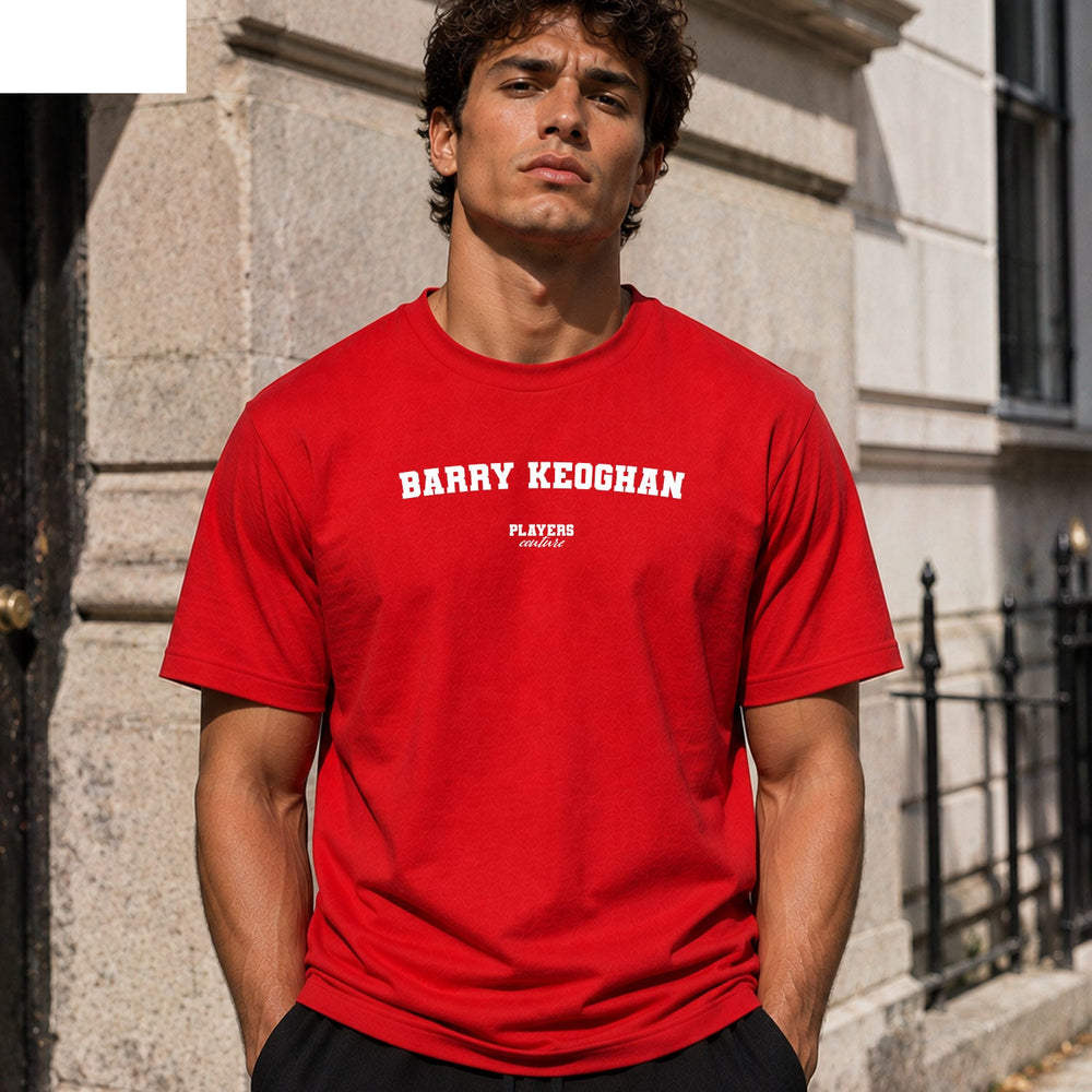 Barry Keoghan red T-shirt lifestyle photograph