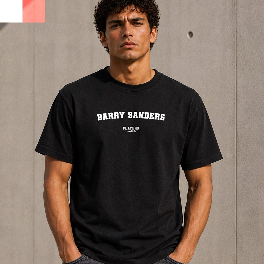 Barry Sanders Men's T-Shirt — lifestyle photo, Black t-shirt