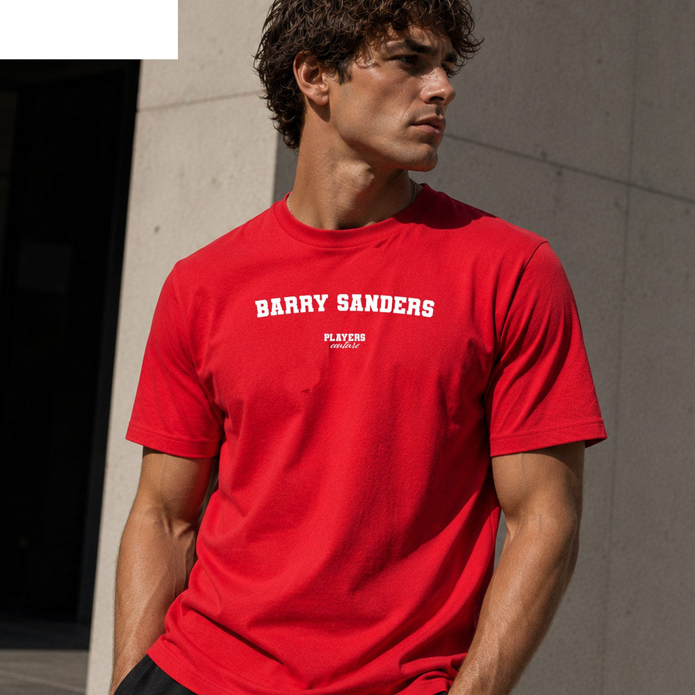 Barry Sanders Men's T-Shirt — lifestyle photo, Red t-shirt