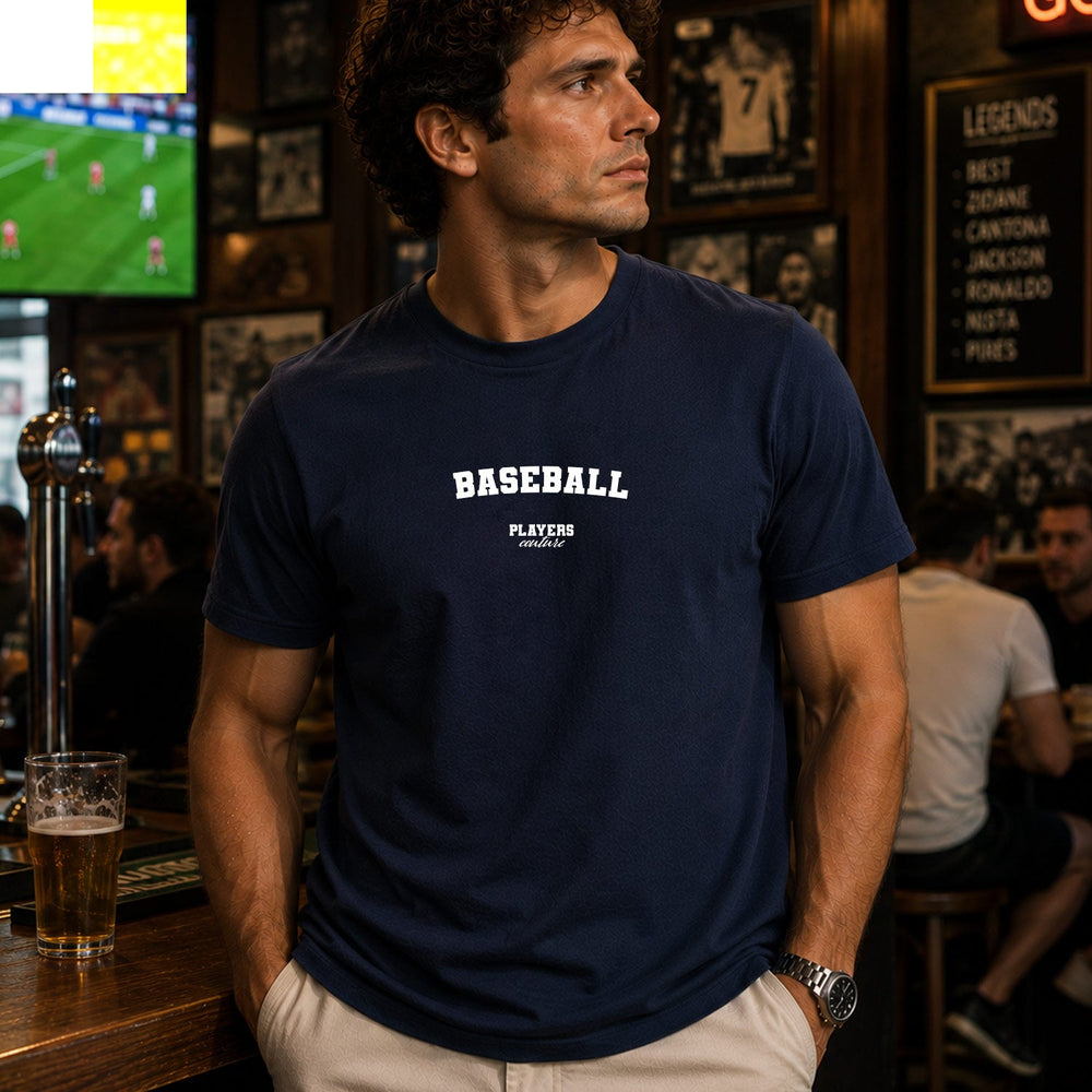 Baseball navy T-shirt lifestyle photograph