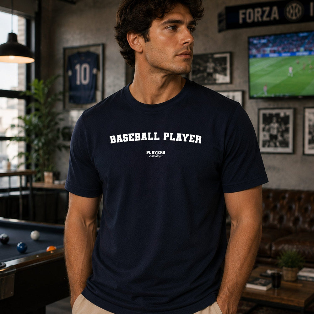 Baseball Player navy T-shirt lifestyle photograph