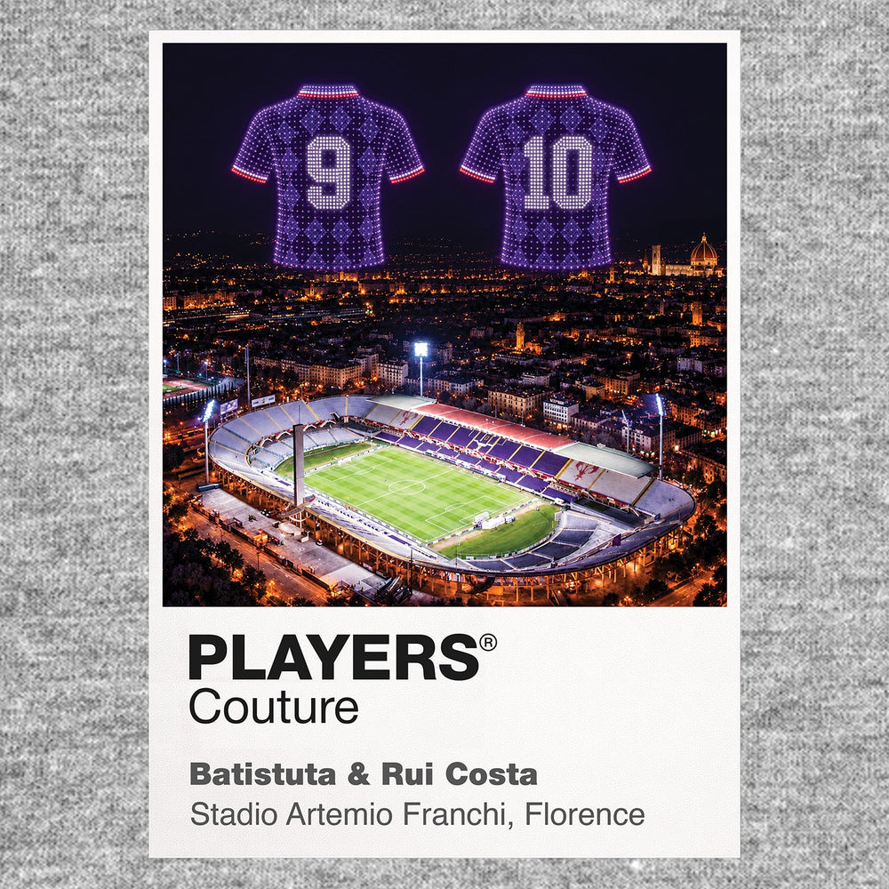 Gabriel Batistuta and Rui Costa Fiorentina numbers 9 and 10 Icons in Lights Frame artwork in grey