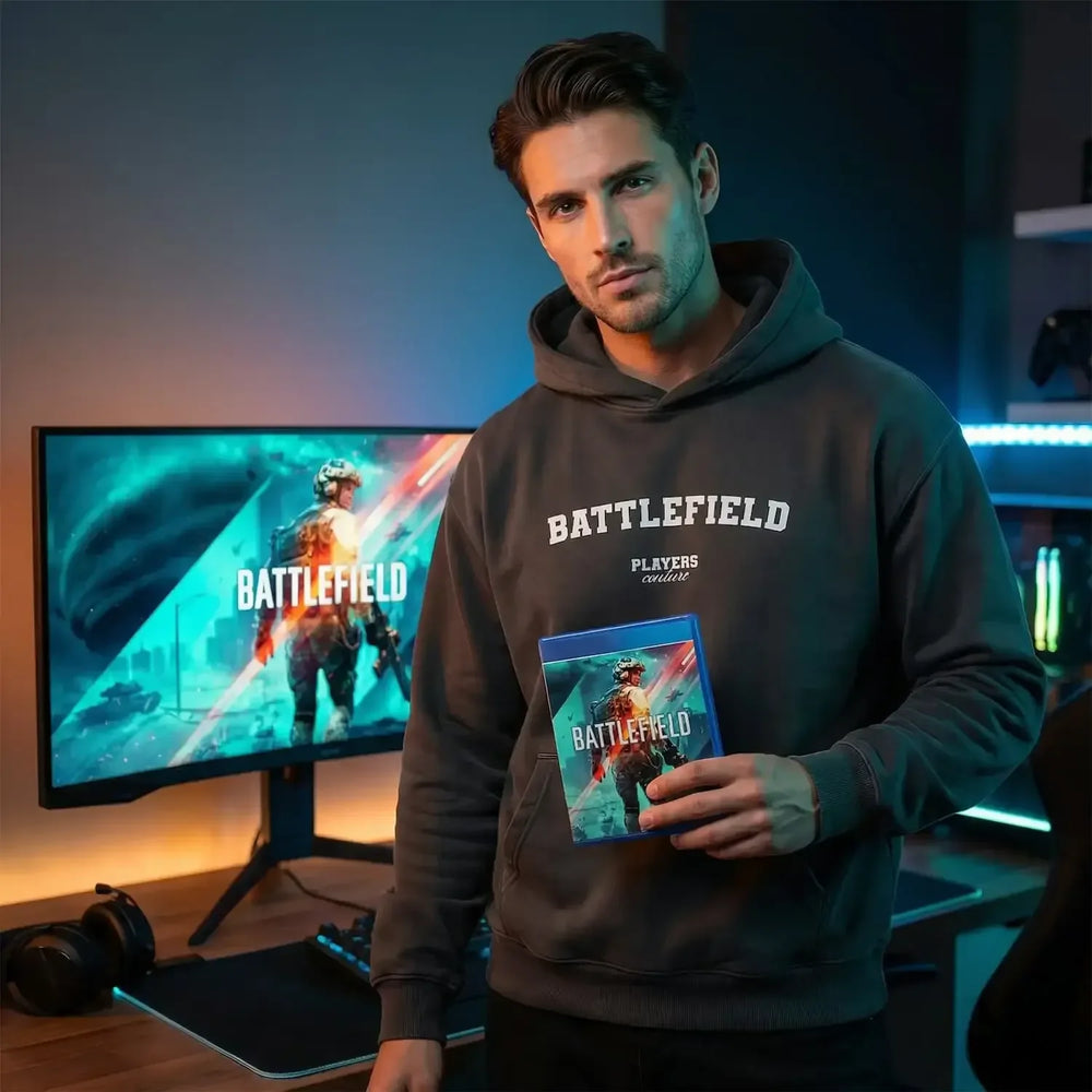 Battlefield hoodie – navy men's hoodie with white Battlefield letters and Players Couture logo on the chest