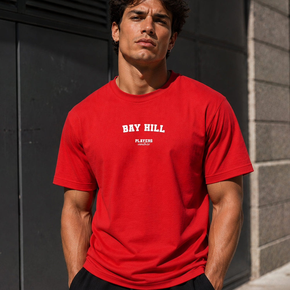 Bay Hill red T-shirt lifestyle photograph