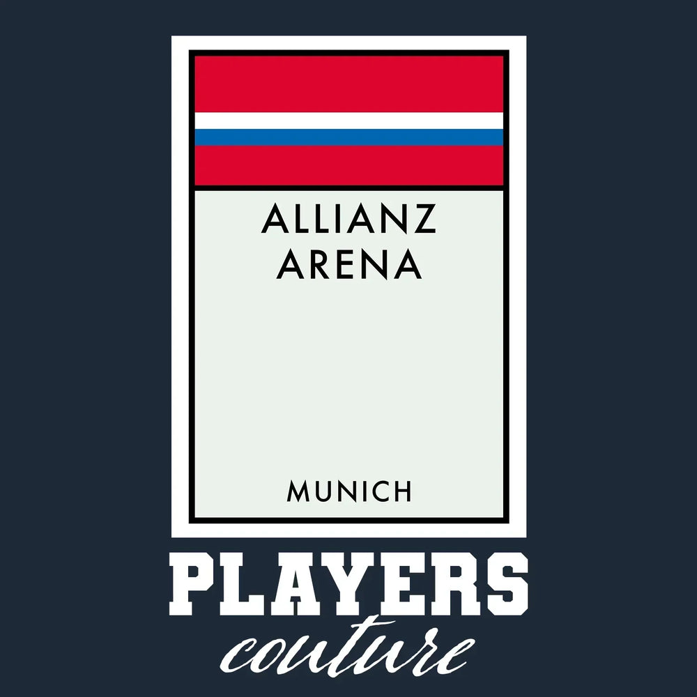 Bayern Munich Monopoly Card t-shirt – navy men's t-shirt with white Bayern Munich Monopoly Card letters and Players Couture