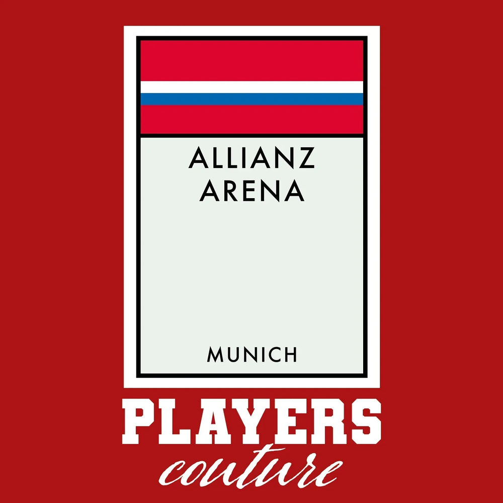 Bayern Munich Monopoly Card t-shirt – red men's t-shirt with white Bayern Munich Monopoly Card letters and Players Couture