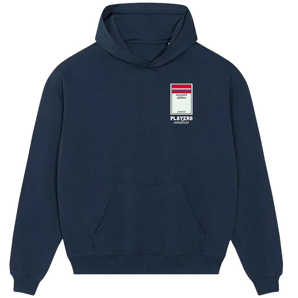 Bayern Munich Monopoly Card hoodie – black men's hoodie with white Bayern Munich Monopoly Card letters and Players Couture