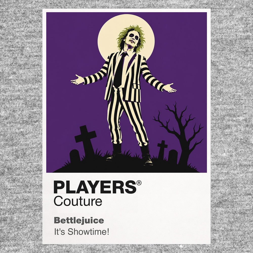 Beetlejuice Betelgeuse in his striped suit within Tim Burton's handcrafted afterlife Icon Frame artwork in grey