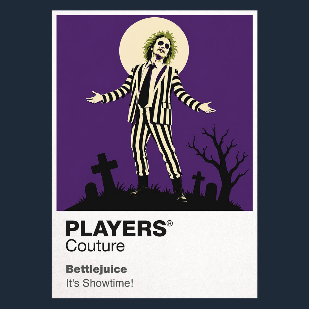 Beetlejuice Betelgeuse in his striped suit within Tim Burton's handcrafted afterlife Icon Frame artwork in navy