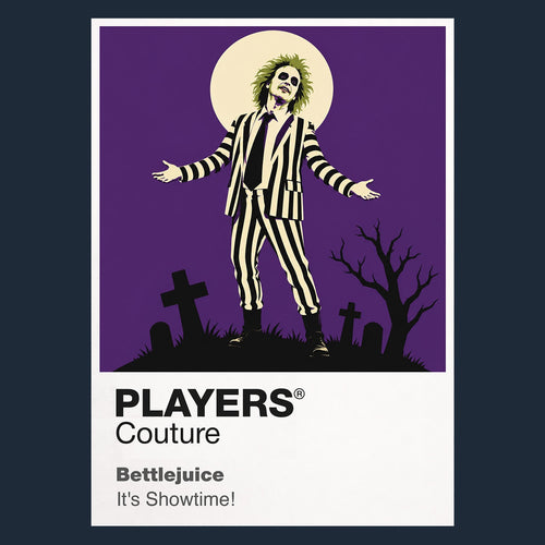 Beetlejuice Betelgeuse in his striped suit within Tim Burton's handcrafted afterlife Icon Frame artwork in navy