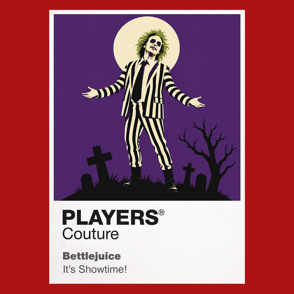 Beetlejuice Betelgeuse in his striped suit within Tim Burton's handcrafted afterlife Icon Frame artwork in red