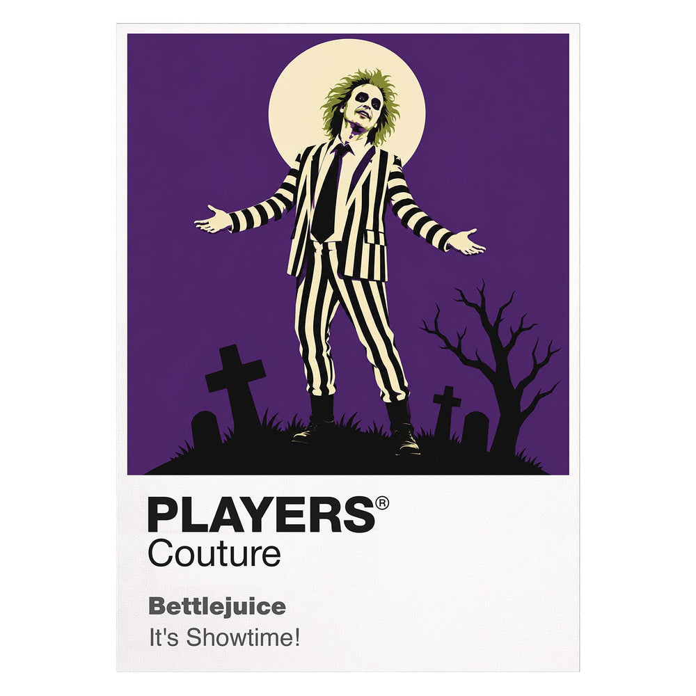 Beetlejuice Betelgeuse in his striped suit within Tim Burton's handcrafted afterlife Icon Frame artwork on white