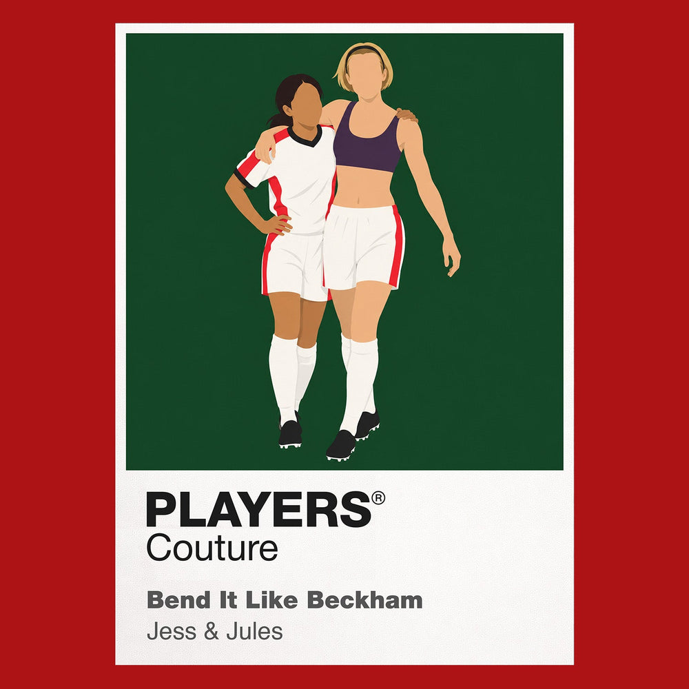 Bend It Like Beckham Jess and Jules pursuing football at Hounslow Harriers while expectations close around them Icon Frame artwork in red
