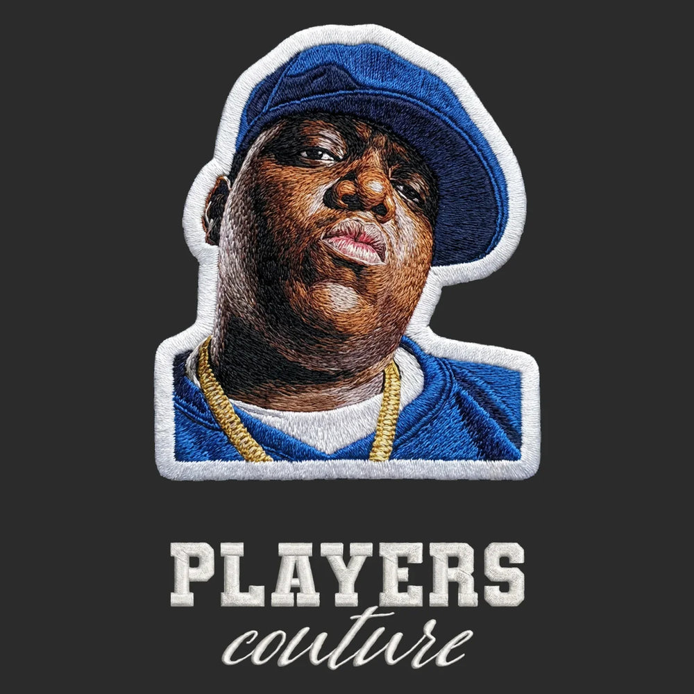 Biggie Smalls Blue Hat Badge Men's Hoodie – white close-up detail shot of the Biggie Smalls Blue Players Couture logo design