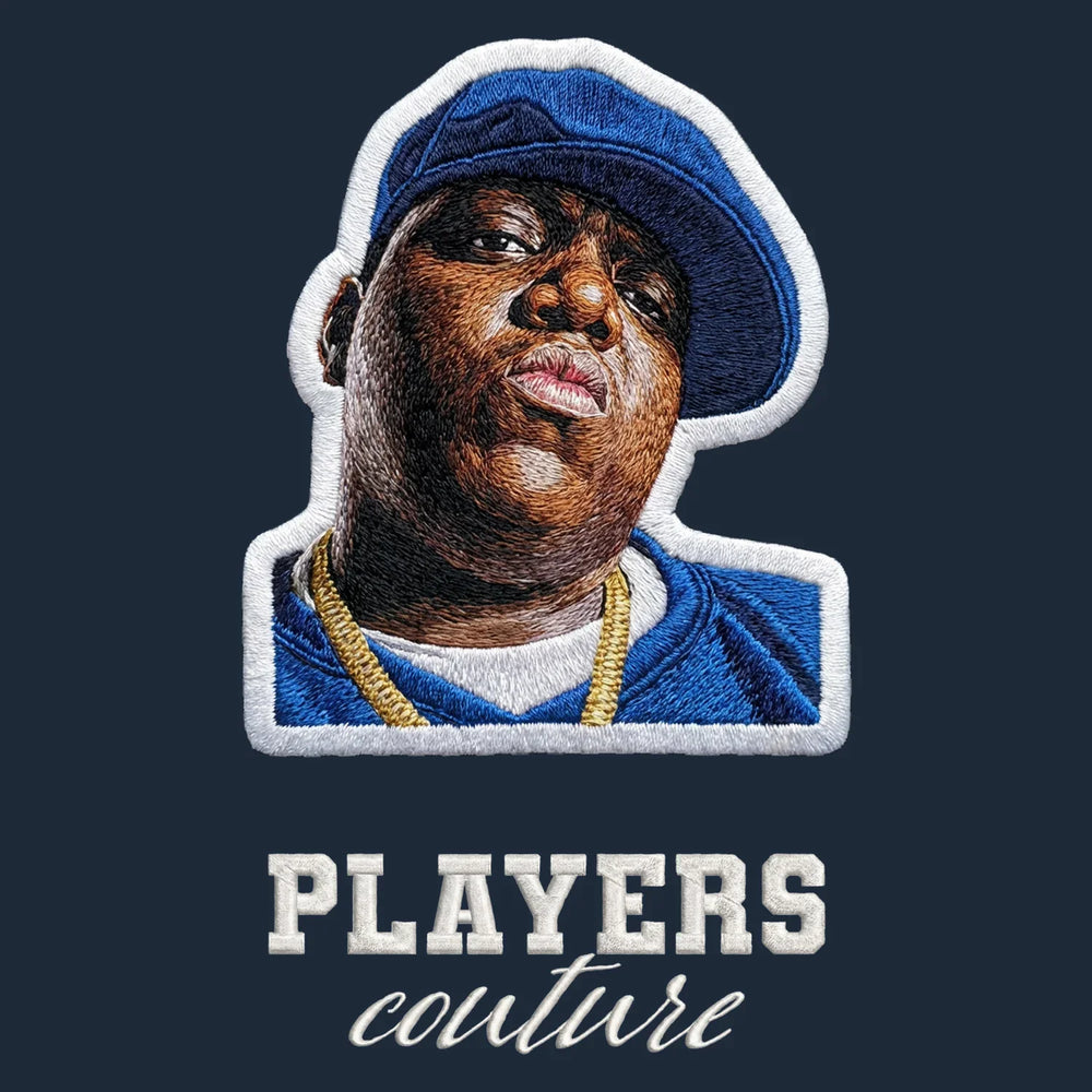 Biggie Smalls Blue Hat Badge Men's Hoodie – white close-up detail shot of the Biggie Smalls Blue Players Couture logo design