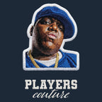 Biggie Smalls Blue Hat Badge Men's Hoodie – white close-up detail shot of the Biggie Smalls Blue Players Couture logo design