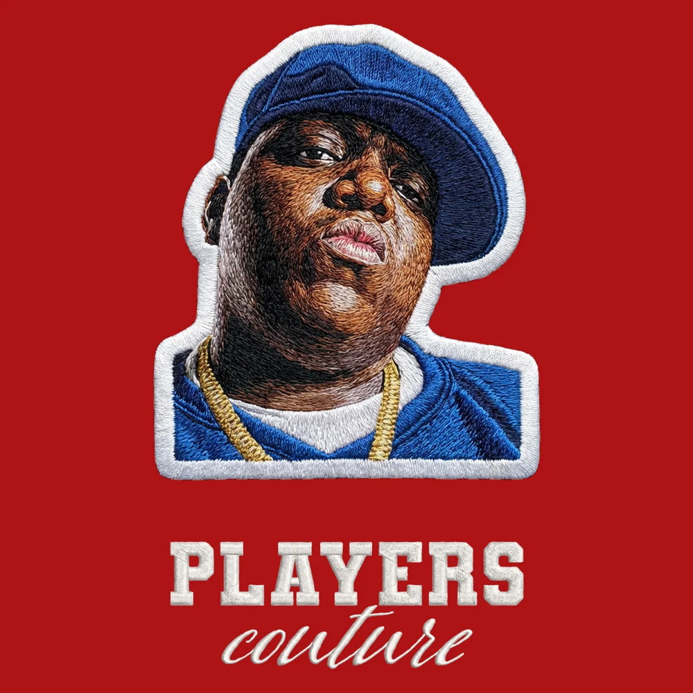 Biggie Smalls Blue Hat Badge Men's Hoodie – white close-up detail shot of the Biggie Smalls Blue Players Couture logo design