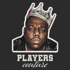 Biggie Smalls Crown Badge Men's Hoodie – white close-up detail shot of the Biggie Smalls Players Couture logo design