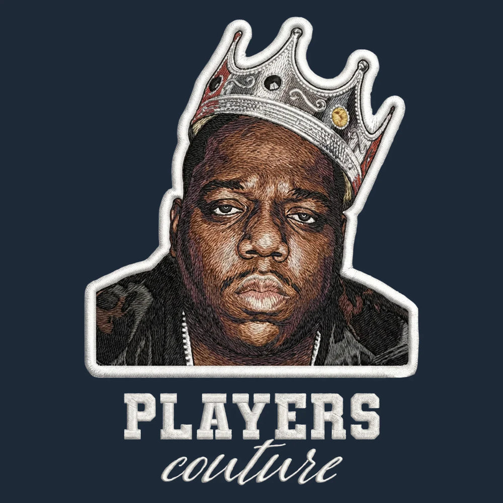 Biggie Smalls Crown Badge Men's Hoodie – white close-up detail shot of the Biggie Smalls Crown Players Couture logo design