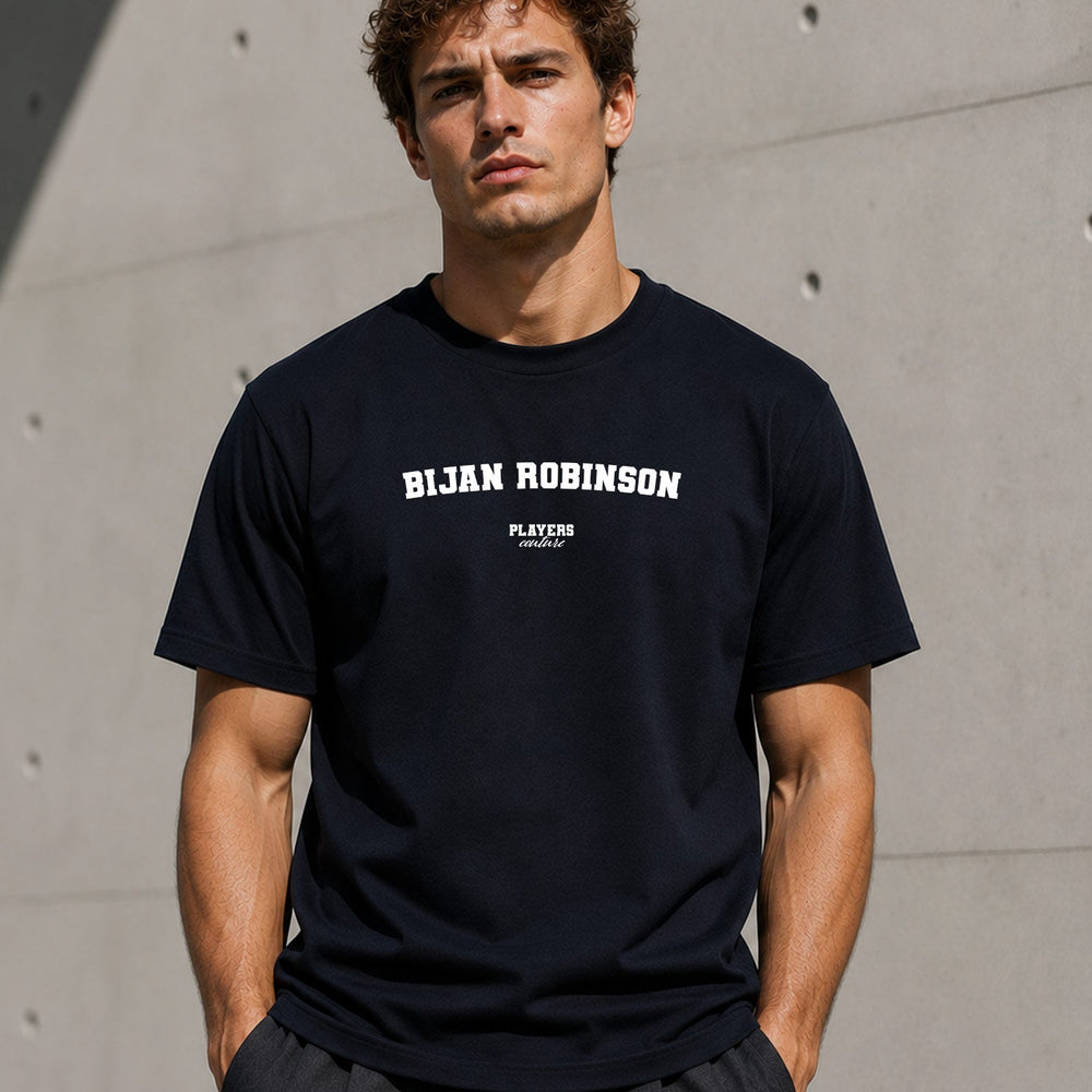 Bijan Robinson Men's T-Shirt — lifestyle photo, Navy t-shirt