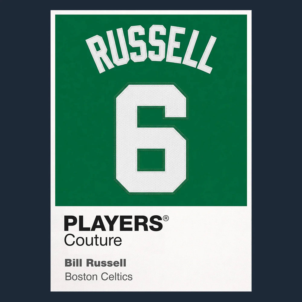 Bill Russell 6 Jersey Frame Men's T-Shirt – navy close-up detail shot of the Bill Russell 6 Players Couture logo design
