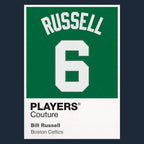 Bill Russell 6 Jersey Frame Men's T-Shirt – navy close-up detail shot of the Bill Russell 6 Players Couture logo design