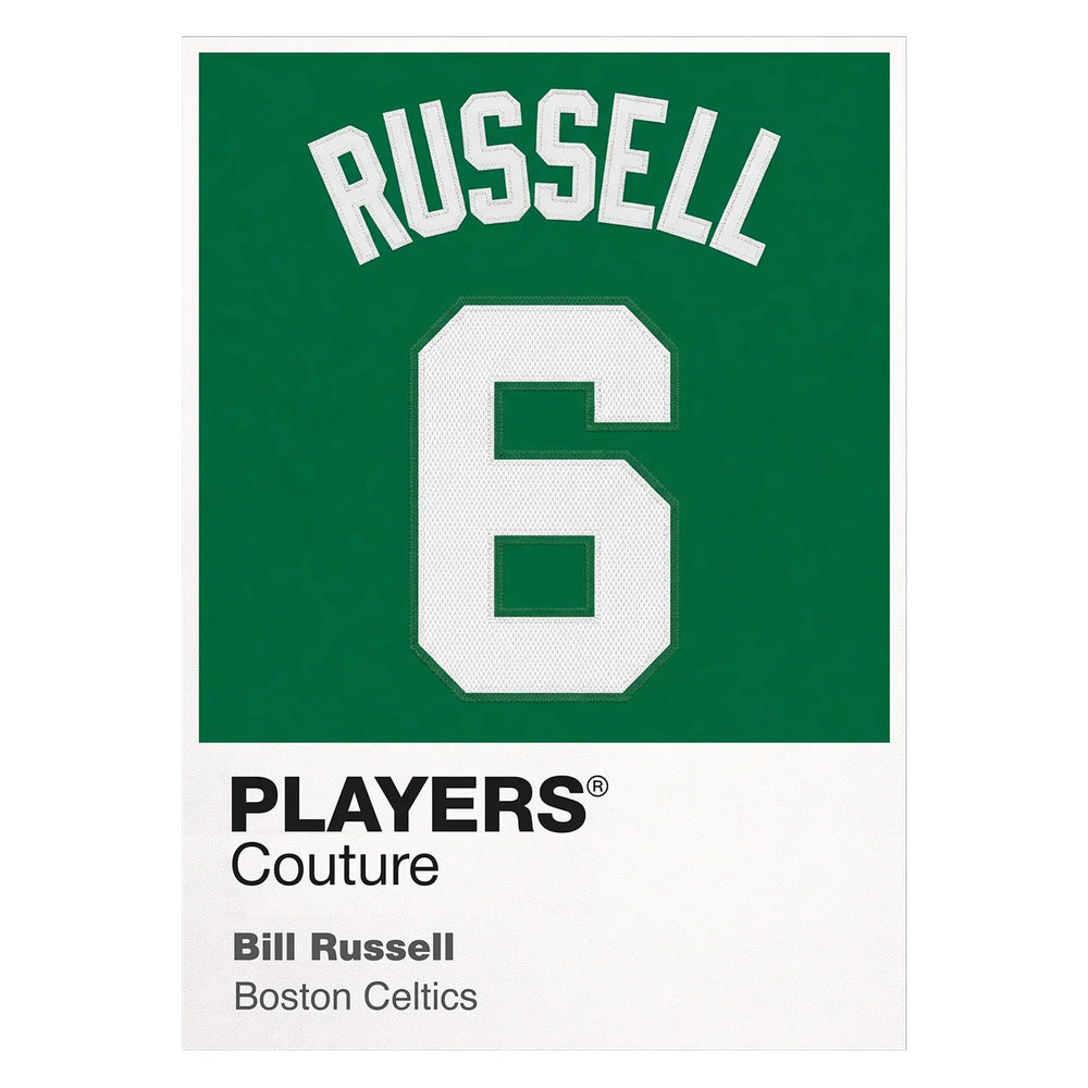 Bill Russell 6 Jersey Frame Men's T-Shirt – white close-up detail shot of the Boston Celtics Players Couture logo design