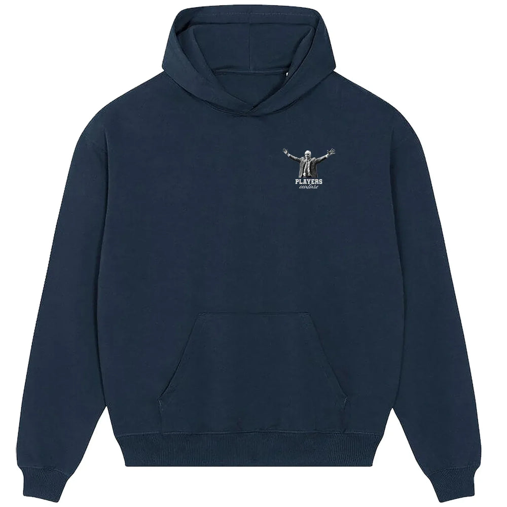 Bill Shankly Embrace hoodie – navy men's hoodie featuring the Bill Shankly Embrace Players Couture logo