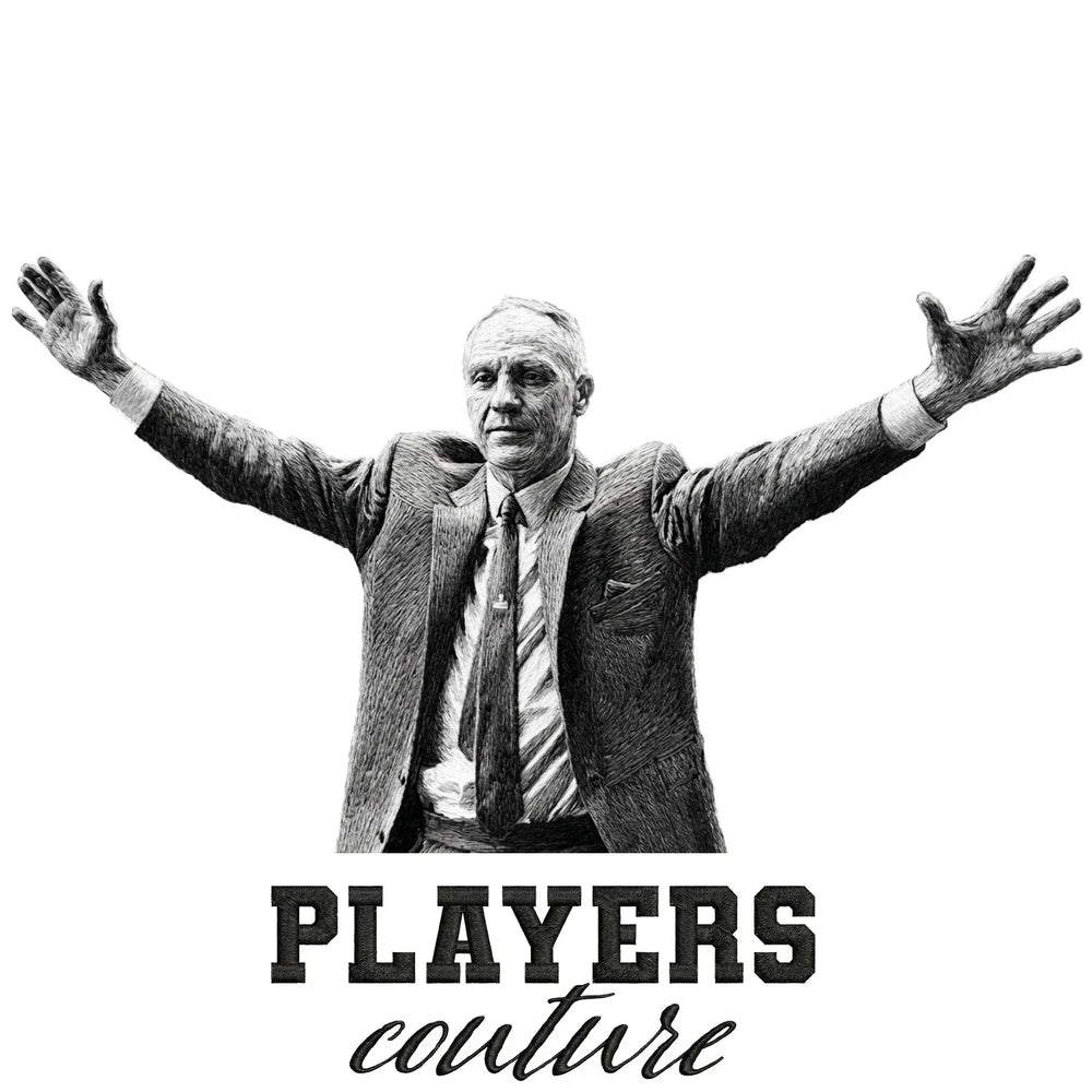 Bill Shankly Embrace Badge Men's T-Shirt – white close-up detail shot of the Bill Shankly Players Couture logo design