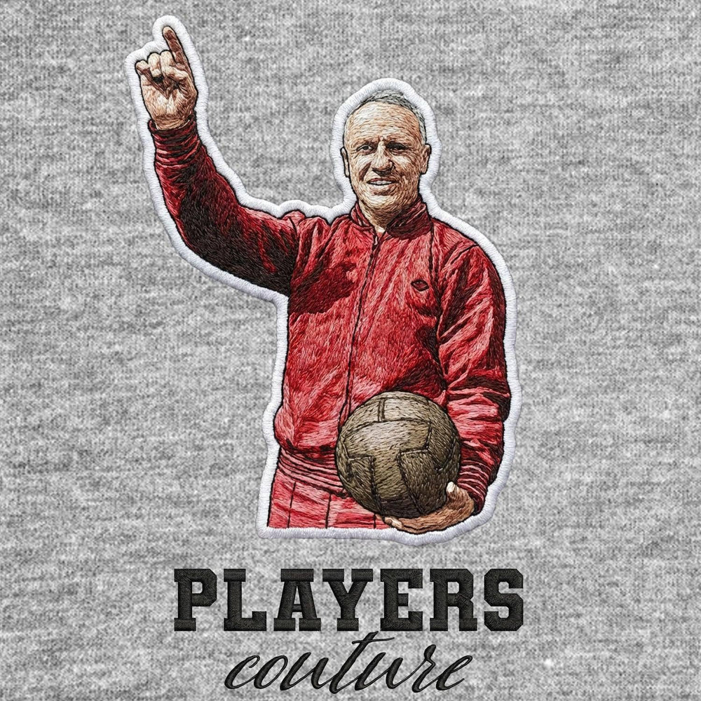Bill Shankly Tracksuit Badge Men's T-Shirt – grey close-up detail shot of the Bill Shankly Tracksuit Players Couture logo