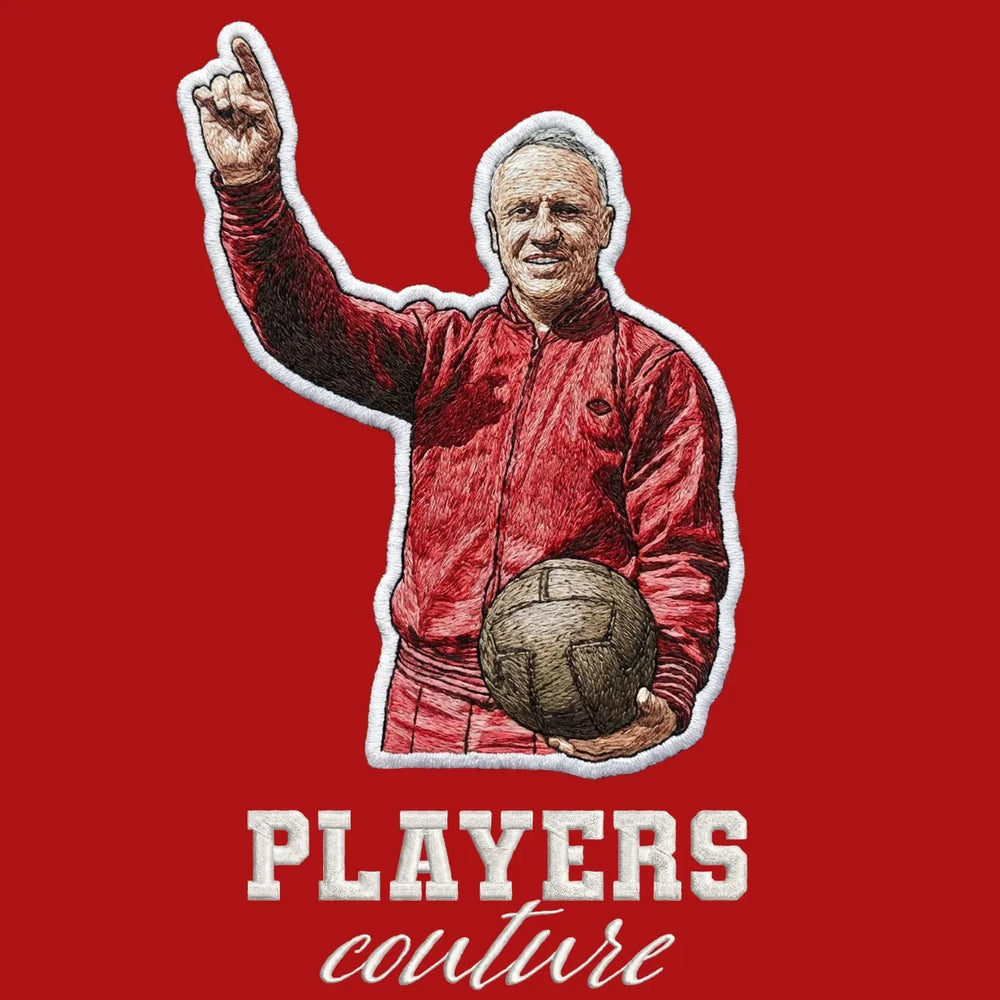 Bill Shankly Tracksuit Badge Men's Hoodie – close-up detail shot of the Bill Shankly Tracksuit Players Couture logo design