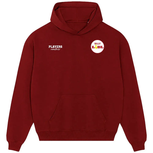 Billy Liddell hoodie – red men's hoodie featuring the Billy Liddell Players Couture logo