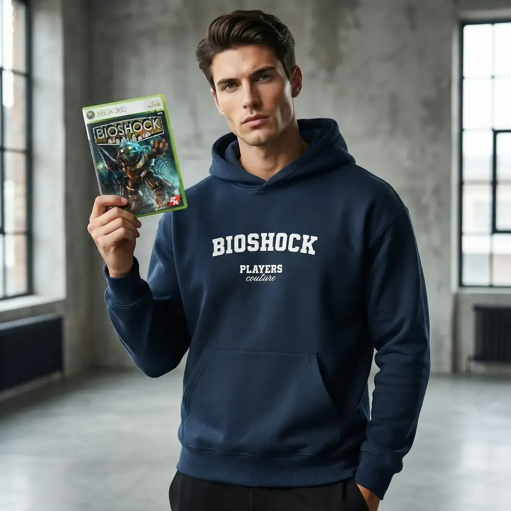 Bioshock hoodie – navy men's hoodie with white Bioshock letters and Players Couture logo on the chest