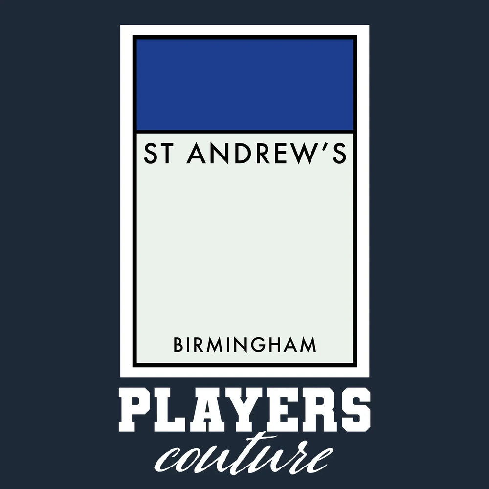 Birmingham City Monopoly Card t-shirt – navy men's t-shirt with white Birmingham City Monopoly Card letters and Players