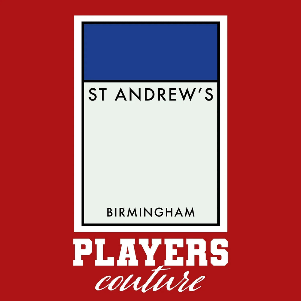 Birmingham City Monopoly Card t-shirt – red men's t-shirt with white Birmingham City Monopoly Card letters and Players