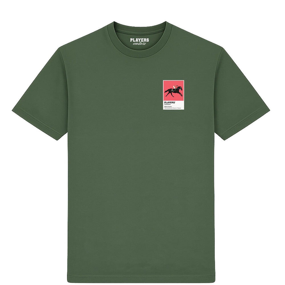 Black Caviar horse racing T-shirt – mens earthy green tshirt view