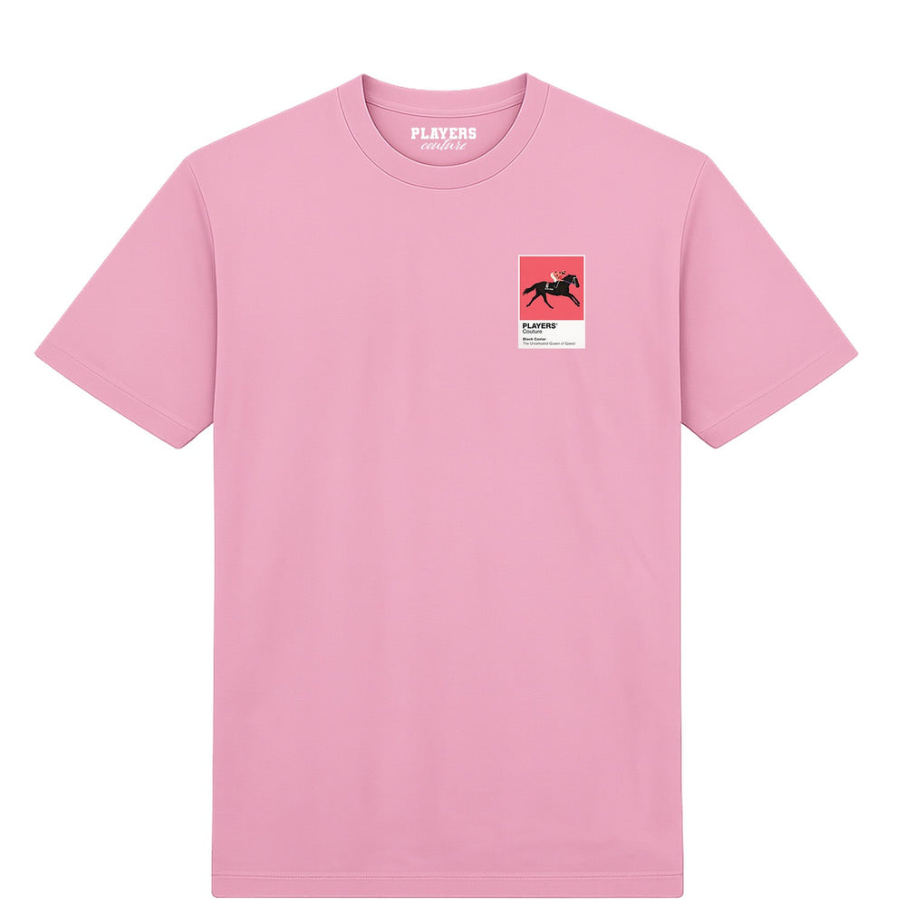 Black Caviar horse racing T-shirt – mens pink tshirt view