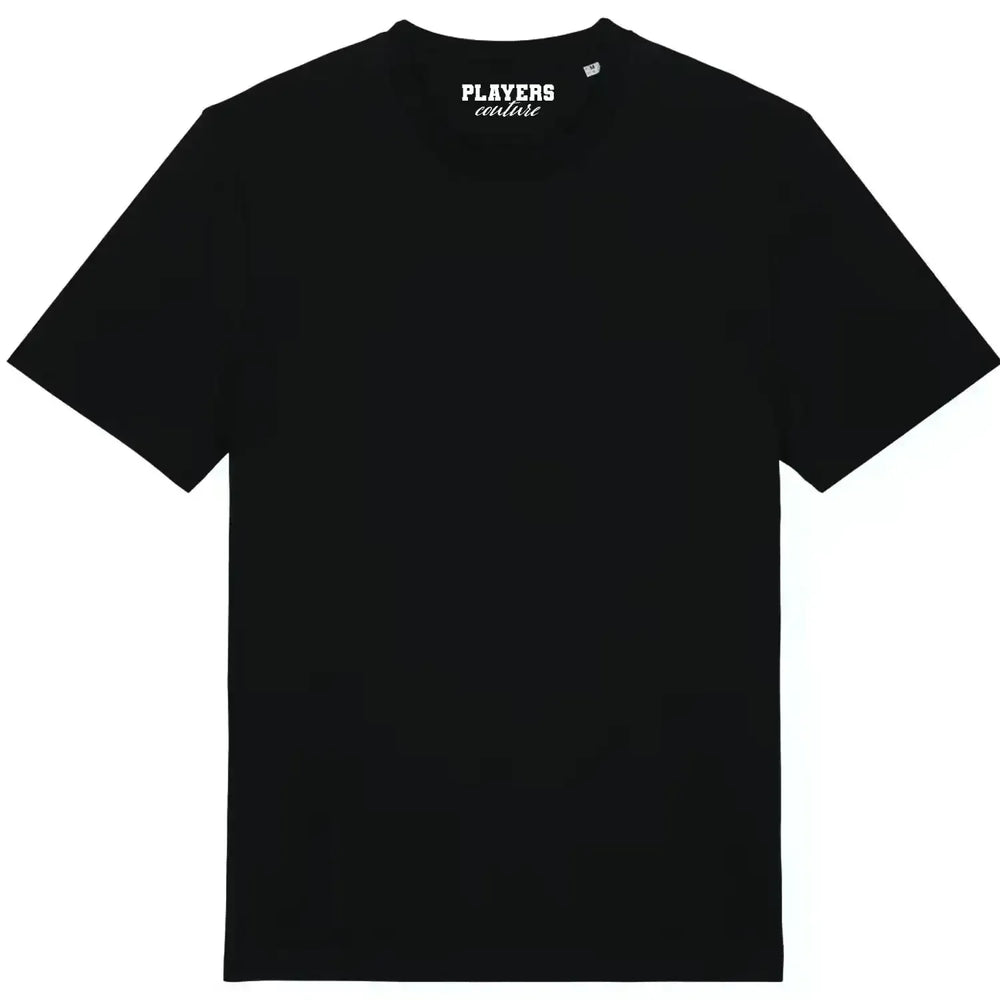 Premium Custom t-shirt – black men's t-shirt with white Premium Custom letters and Players Couture logo on the chest