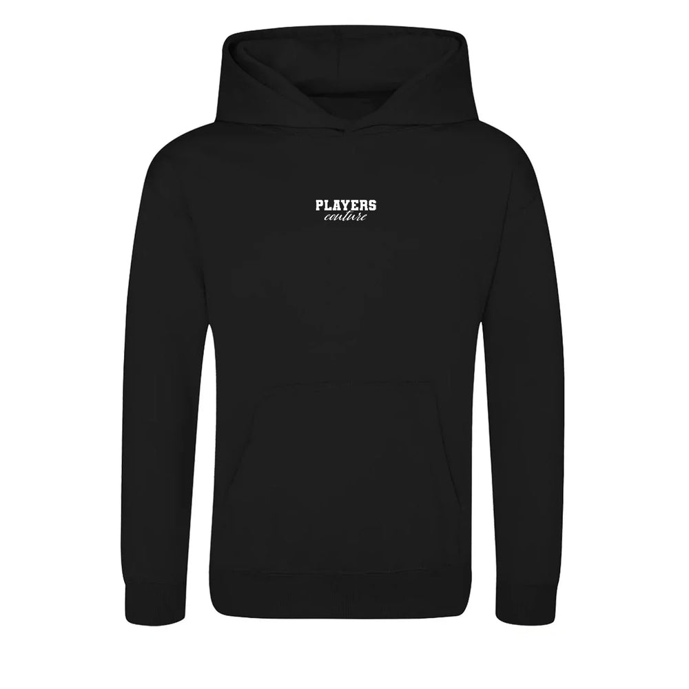 Essentials Collection hoodie – black kids' hoodie with white Essentials Collection letters and Players Couture logo on the