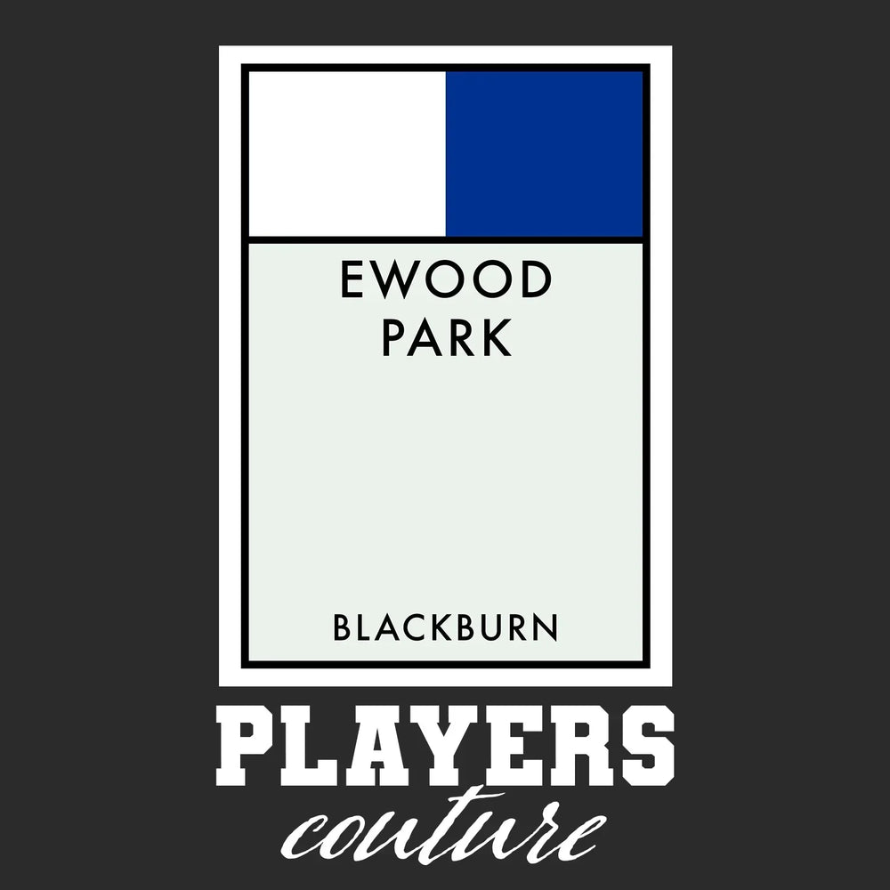 Blackburn Rovers Monopoly Card t-shirt – black men's t-shirt with white Blackburn Rovers Monopoly Card letters and Players