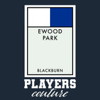 Blackburn Rovers Monopoly Card t-shirt – navy men's t-shirt with white Blackburn Rovers Monopoly Card letters and Players