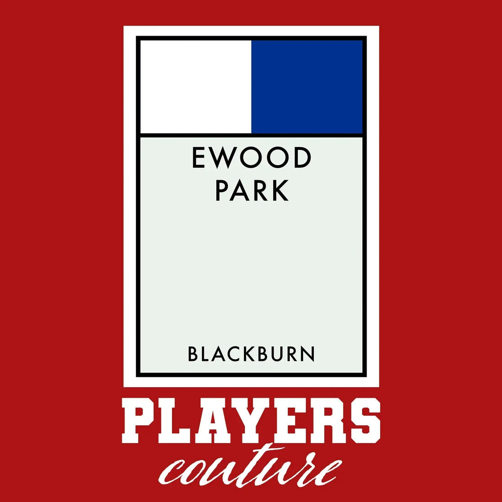 Blackburn Rovers Monopoly Card t-shirt – red men's t-shirt with white Blackburn Rovers Monopoly Card letters and Players