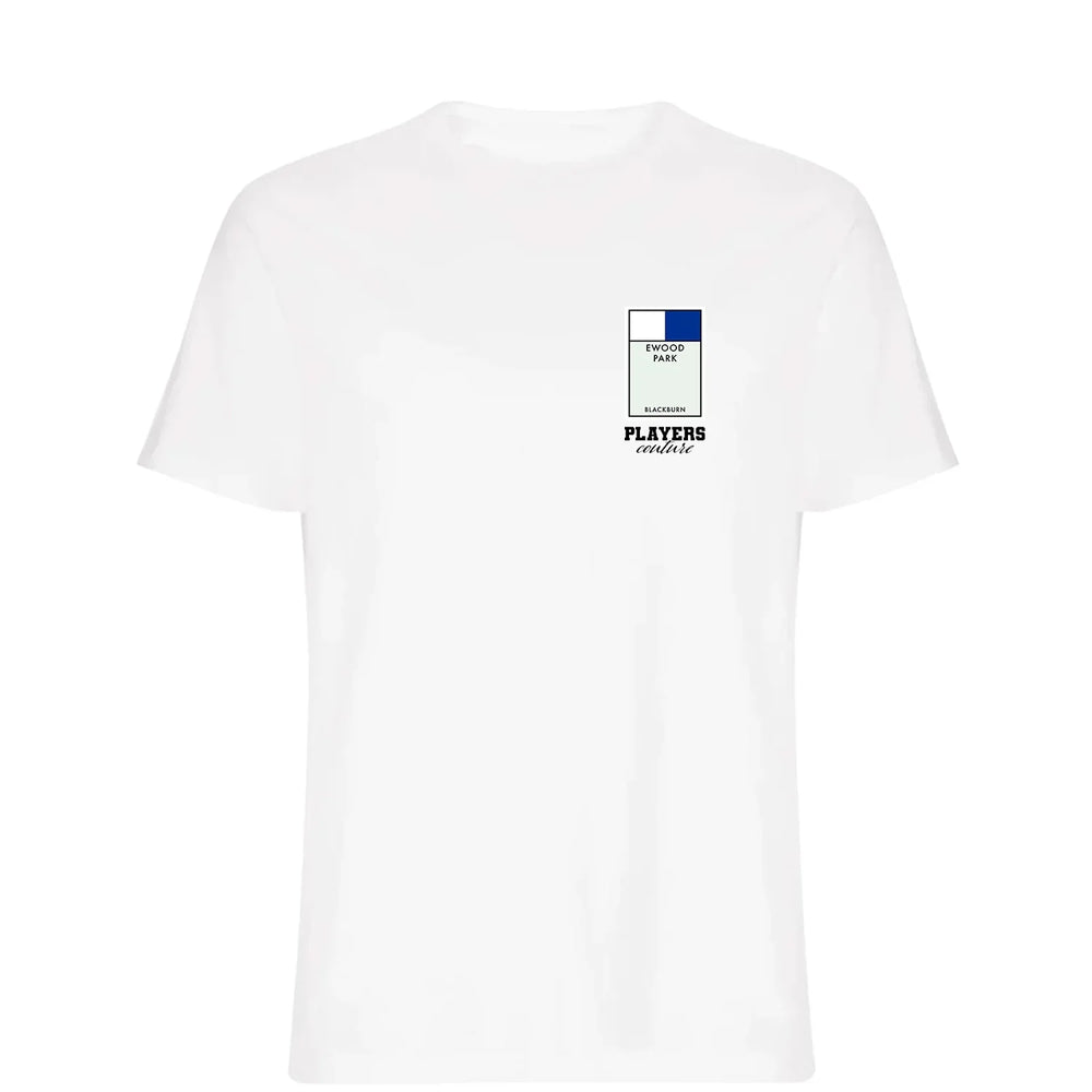 Blackburn Rovers Monopoly Card t-shirt – navy men's t-shirt with white Blackburn Rovers Monopoly Card letters and Players
