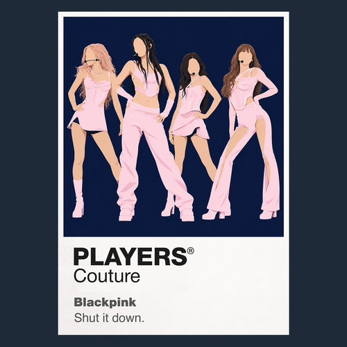 BLACKPINK Jisoo, Jennie, Rosé and Lisa in BLACKPINK's four-member performance identity Icon Frame artwork in navy