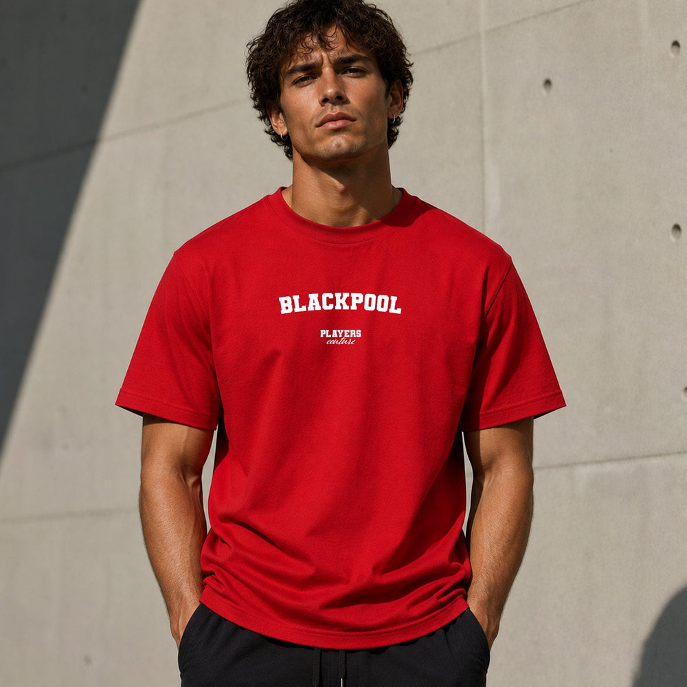 Blackpool Men's T-Shirt — lifestyle photo, Red t-shirt