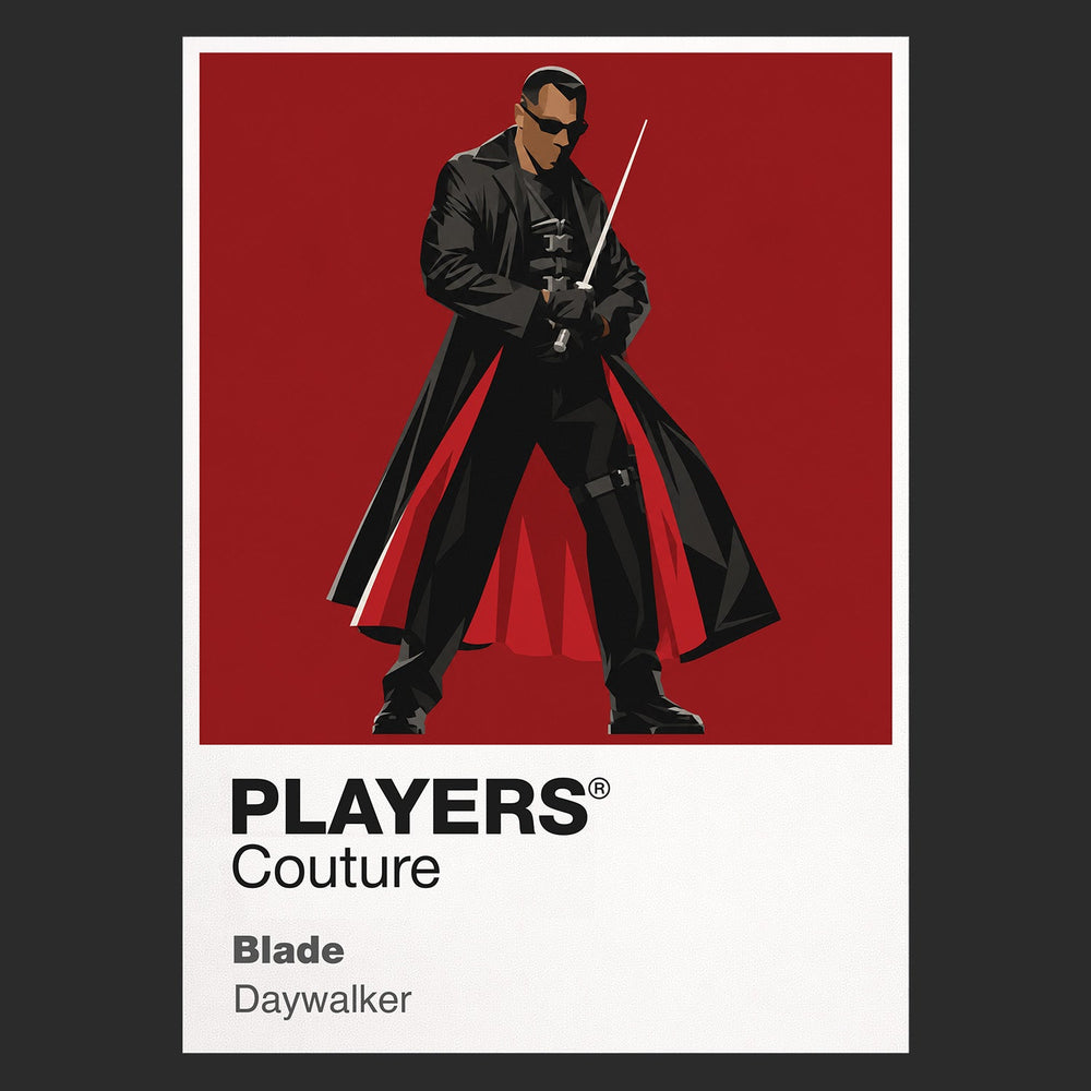 Blade Blade's black armour, sword and Daywalker presence against the vampire underworld Icon Frame artwork in black