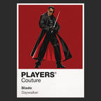Blade Blade's black armour, sword and Daywalker presence against the vampire underworld Icon Frame artwork in black